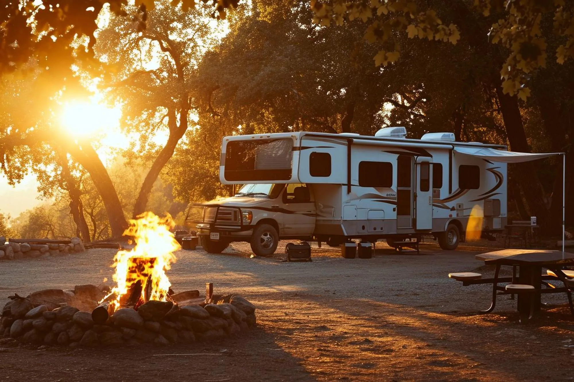 Autocaravana al atardecer en Camping Camino del Sol, Caravaca de la Cruz